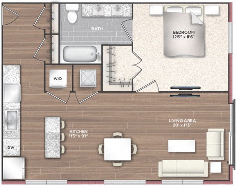 Floor plan for 1 bed, 1 bath, 736 sqft